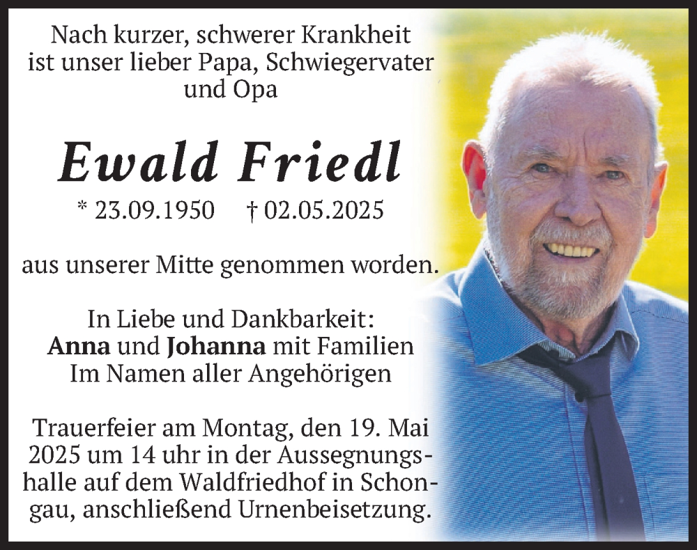  Traueranzeige für Ewald Friedl vom 15.05.2025 aus merkurtz