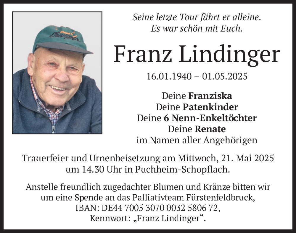  Traueranzeige für Franz Lindinger vom 17.05.2025 aus merkurtz