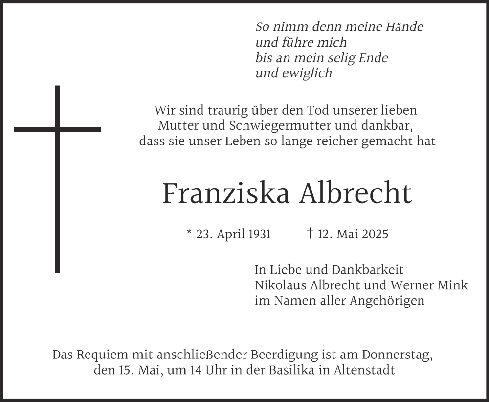  Traueranzeige für Franziska Albrecht vom 15.05.2025 aus merkurtz