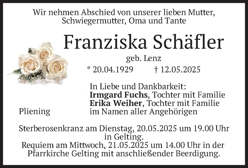  Traueranzeige für Franziska Schäfler vom 17.05.2025 aus merkurtz