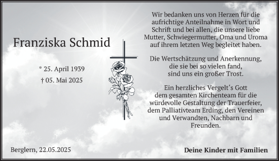 Traueranzeige von Franziska Schmid von merkurtz