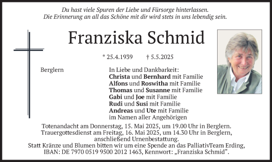 Traueranzeige von Franziska Schmid von merkurtz