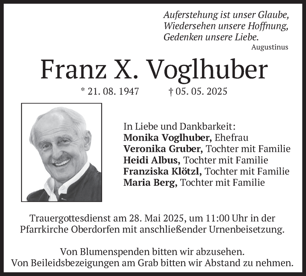  Traueranzeige für Franz X. Voglhuber vom 24.05.2025 aus merkurtz