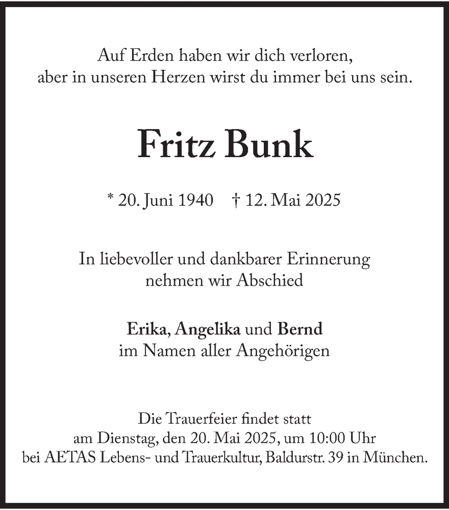 Traueranzeige für Fritz Bunk vom 17.05.2025 aus merkurtz