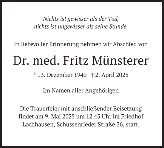 Traueranzeige von Fritz Münsterer von merkurtz