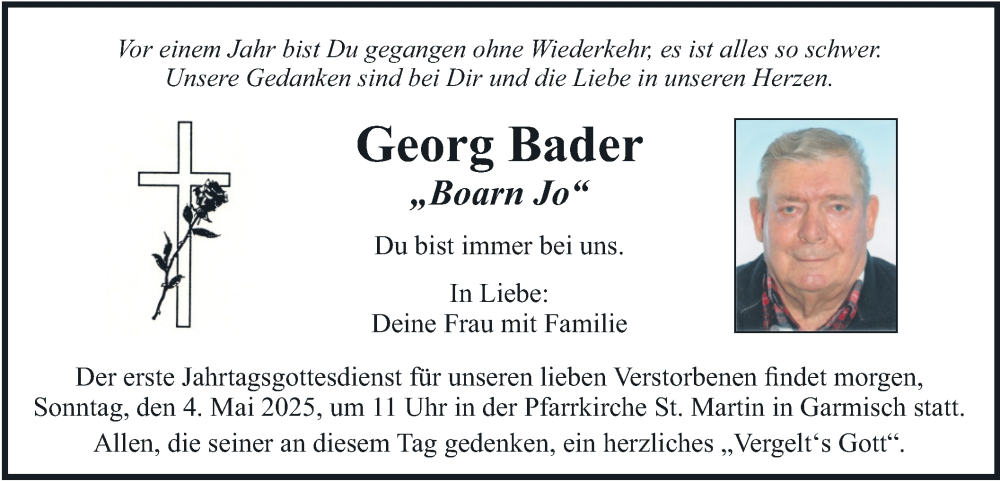  Traueranzeige für Georg Bader vom 03.05.2025 aus merkurtz