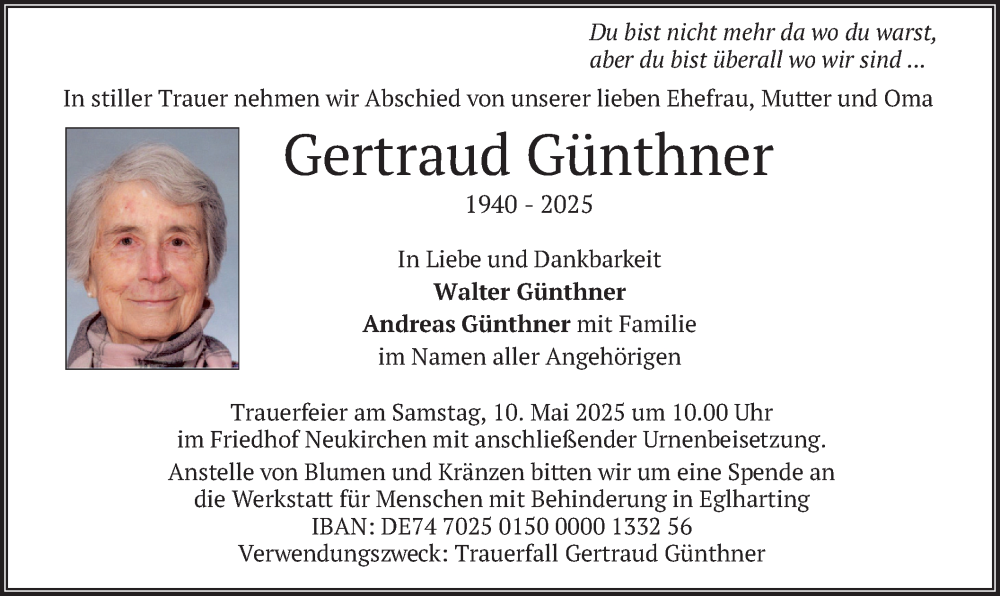  Traueranzeige für Gertraud Günthner vom 03.05.2025 aus merkurtz