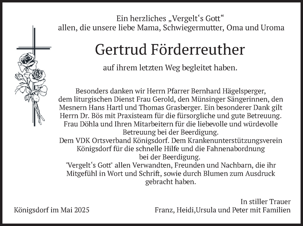  Traueranzeige für Gertrud Förderreuther vom 17.05.2025 aus merkurtz