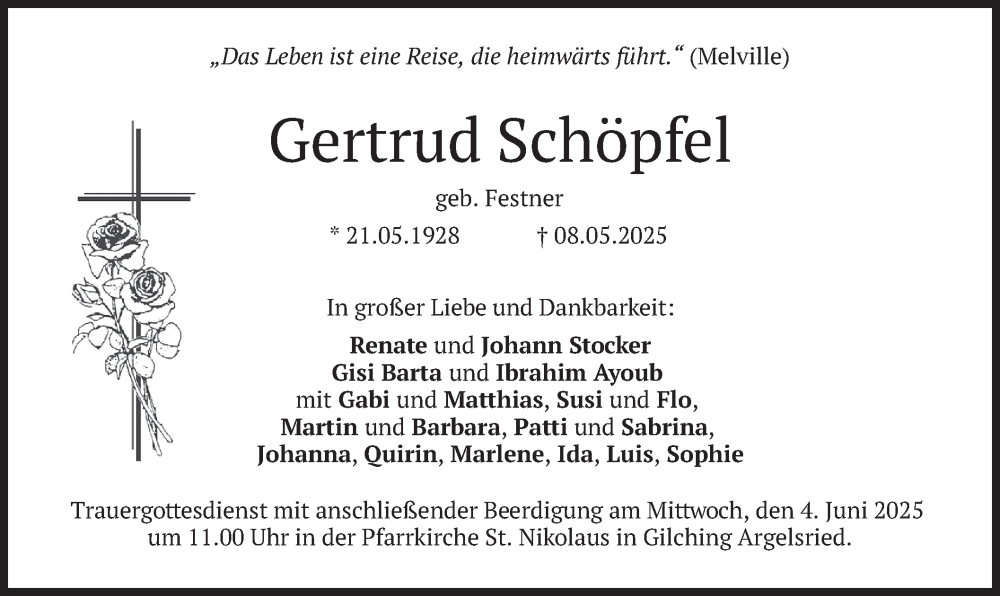  Traueranzeige für Gertrud Schöpfel vom 24.05.2025 aus merkurtz