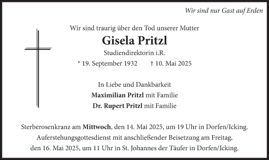 Traueranzeige von Gisela Pritzl von merkurtz