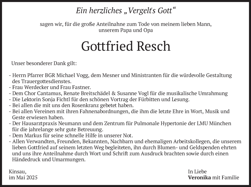  Traueranzeige für Gottfried Resch vom 28.05.2025 aus merkurtz