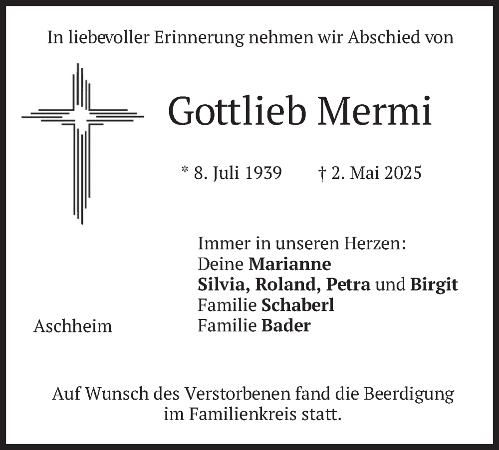  Traueranzeige für Gottlieb Mermi vom 17.05.2025 aus merkurtz