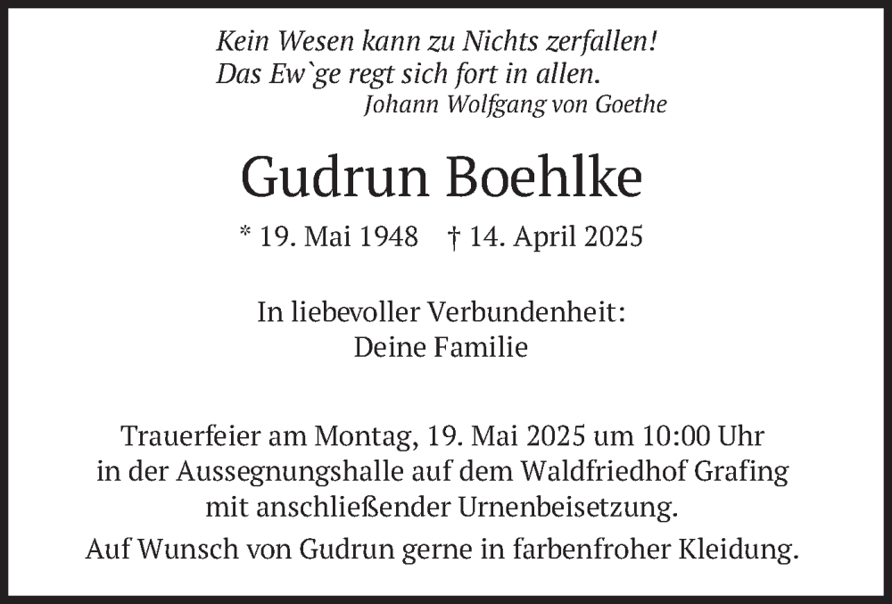  Traueranzeige für Gudrun Boehlke vom 10.05.2025 aus merkurtz