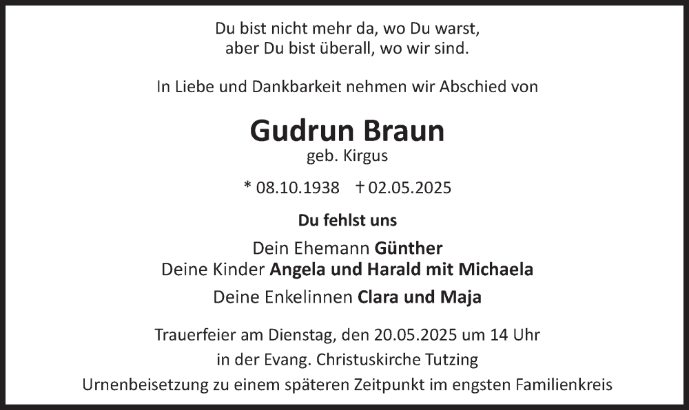  Traueranzeige für Gudrun Braun vom 17.05.2025 aus merkurtz