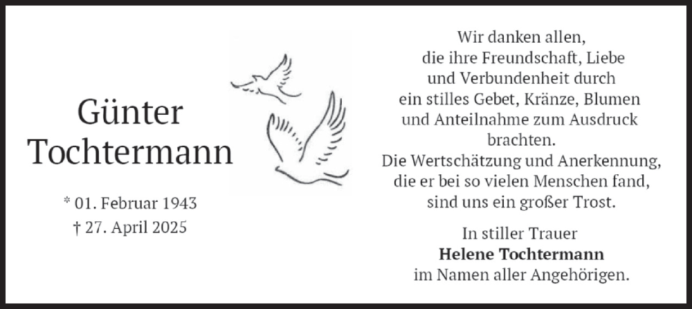  Traueranzeige für Günter Tochtermann vom 09.05.2025 aus merkurtz