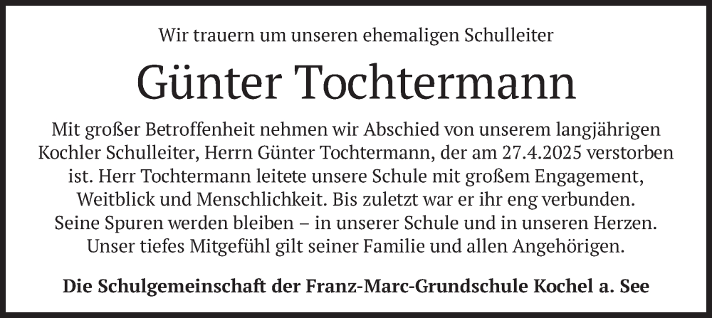  Traueranzeige für Günter Tochtermann vom 03.05.2025 aus merkurtz