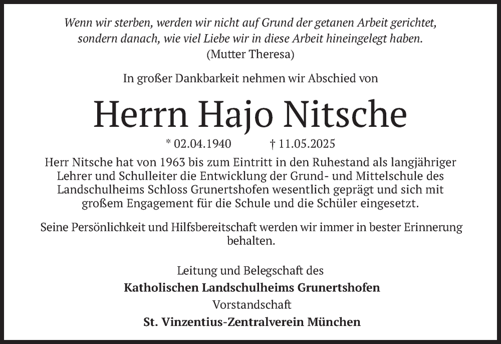  Traueranzeige für Hajo Nitsche vom 31.05.2025 aus merkurtz