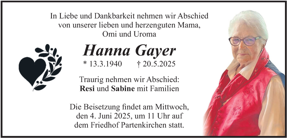  Traueranzeige für Hanna Gayer vom 31.05.2025 aus merkurtz