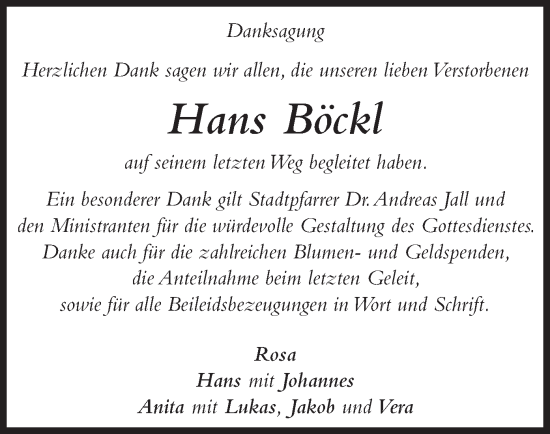 Traueranzeige von Hans Böckl von merkurtz