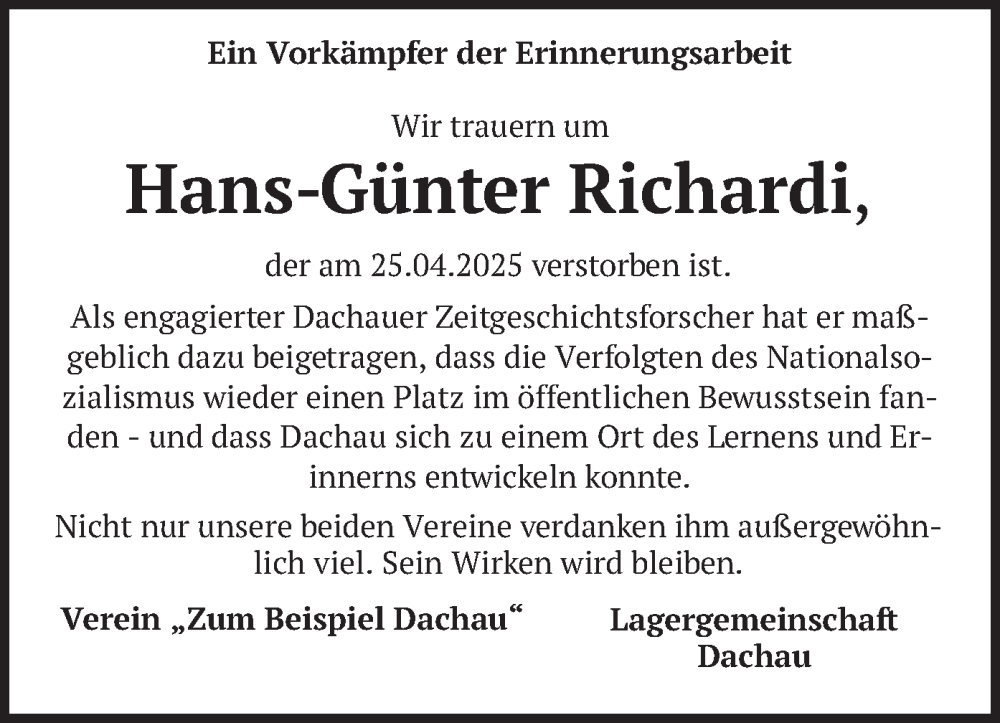  Traueranzeige für Hans-Günter Richardi vom 03.05.2025 aus merkurtz