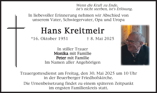 Traueranzeige von Hans Kreitmeir von merkurtz