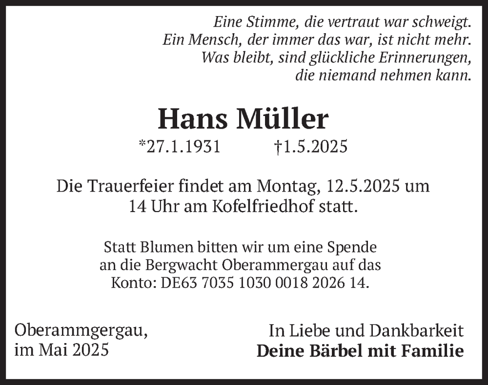  Traueranzeige für Hans Müller vom 10.05.2025 aus merkurtz