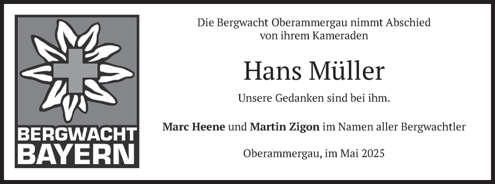  Traueranzeige für Hans Müller vom 10.05.2025 aus merkurtz