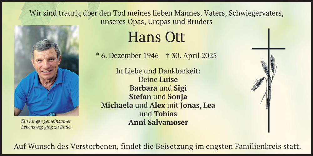  Traueranzeige für Hans Ott vom 10.05.2025 aus merkurtz