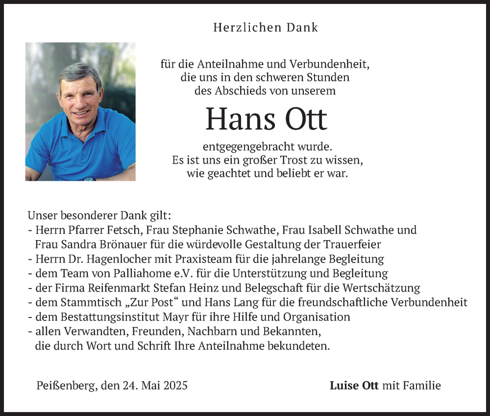  Traueranzeige für Hans Ott vom 24.05.2025 aus merkurtz