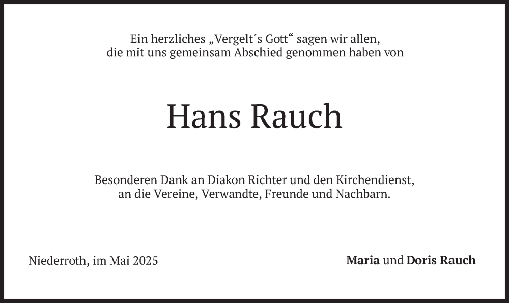  Traueranzeige für Hans Rauch vom 10.05.2025 aus merkurtz