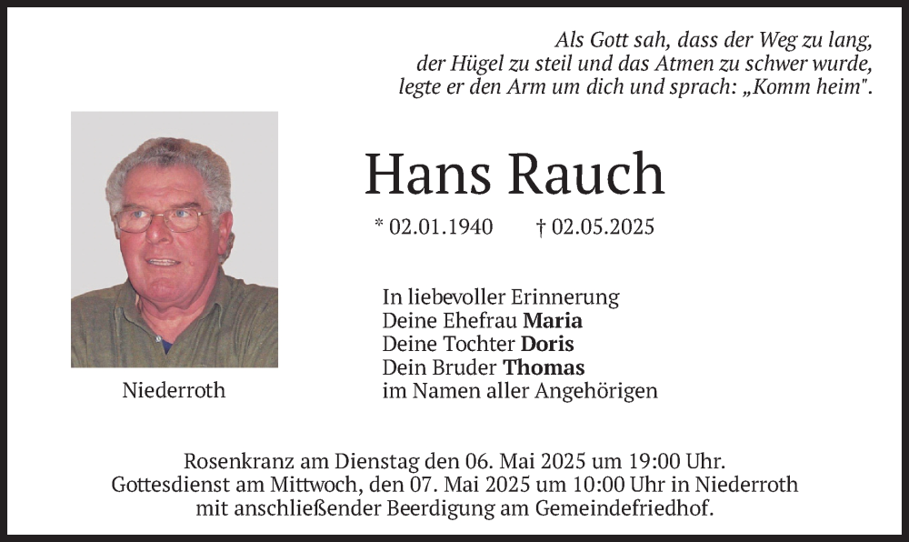  Traueranzeige für Hans Rauch vom 06.05.2025 aus merkurtz