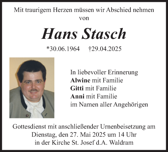 Traueranzeige von Hans Stasch von merkurtz