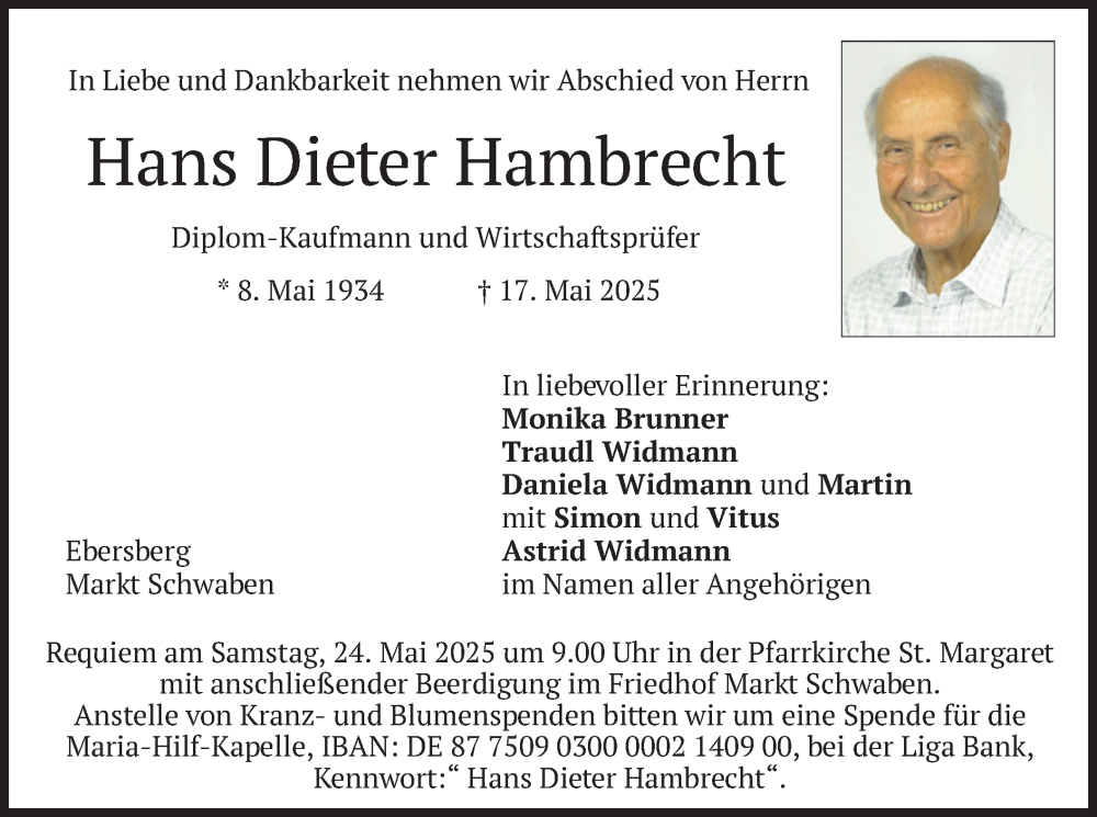  Traueranzeige für Hans Dieter Hambrecht vom 21.05.2025 aus merkurtz