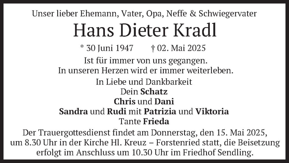  Traueranzeige für Hans Dieter Kradl vom 14.05.2025 aus merkurtz