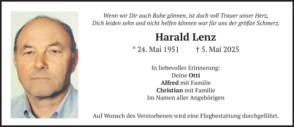  Traueranzeige für Harald Lenz vom 10.05.2025 aus Das Gelbe Blatt Penzberg