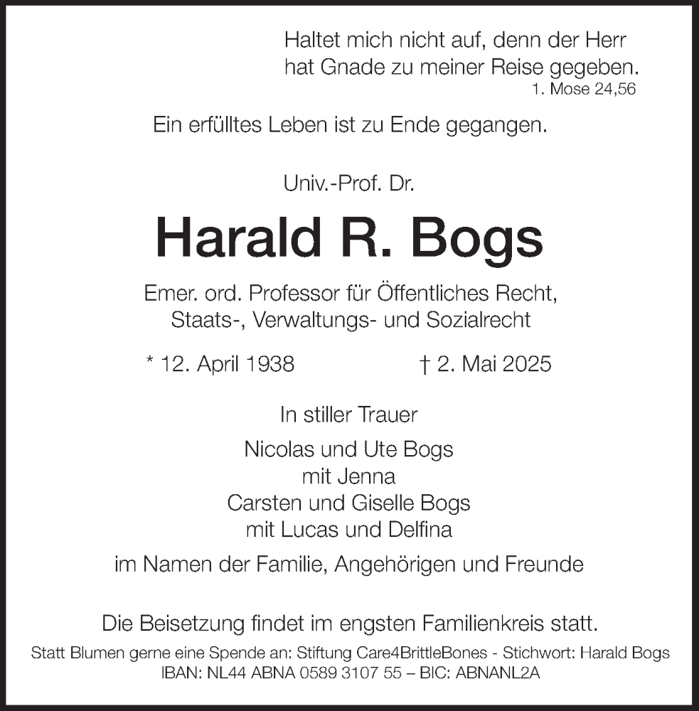  Traueranzeige für Harald R. Bogs vom 10.05.2025 aus merkurtz