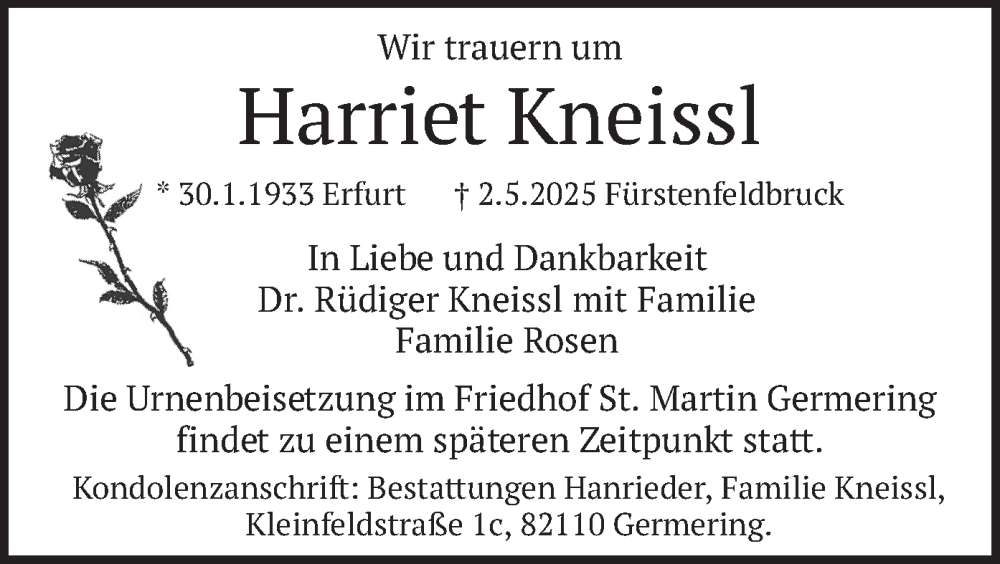  Traueranzeige für Harriet Kneissl vom 10.05.2025 aus merkurtz