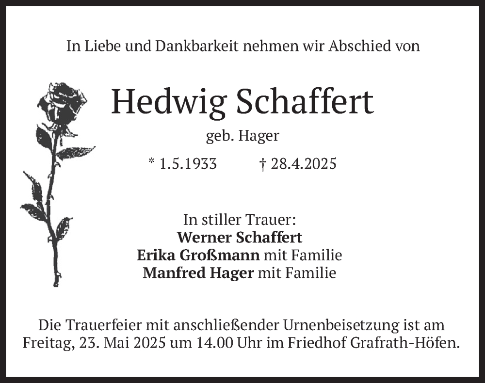  Traueranzeige für Hedwig Schaffert vom 17.05.2025 aus merkurtz