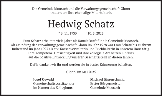 Traueranzeige von Hedwig Schatz von merkurtz
