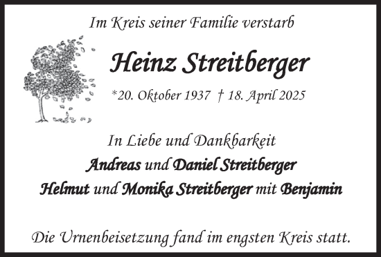 Traueranzeige von Hein Streitberger von merkurtz