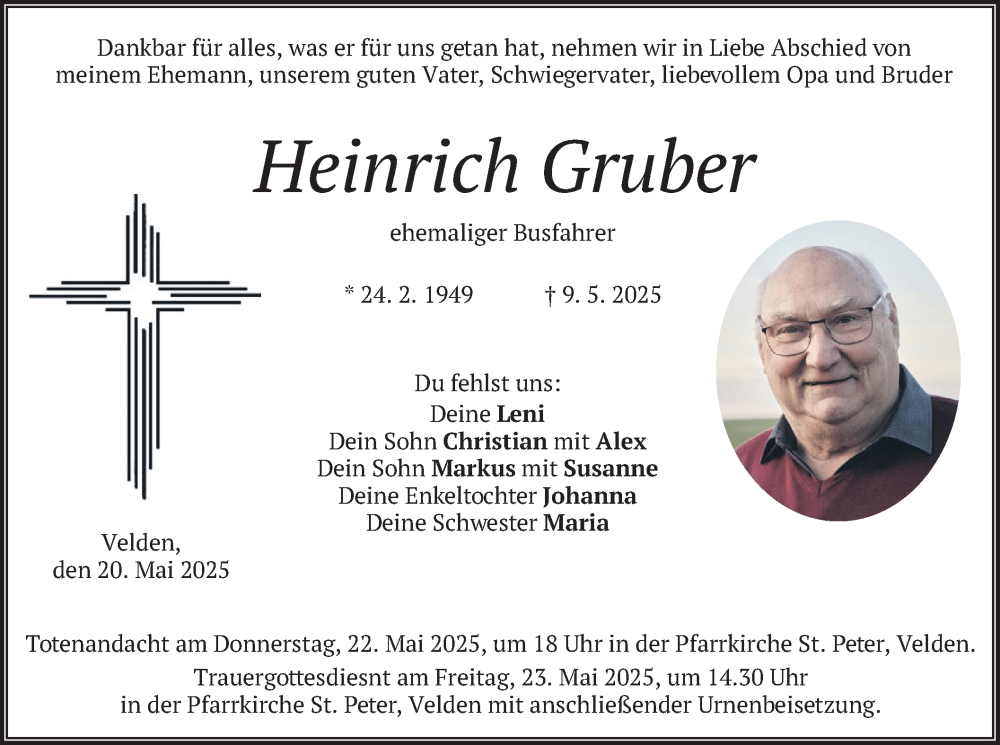  Traueranzeige für Heinrich Gruber vom 20.05.2025 aus merkurtz