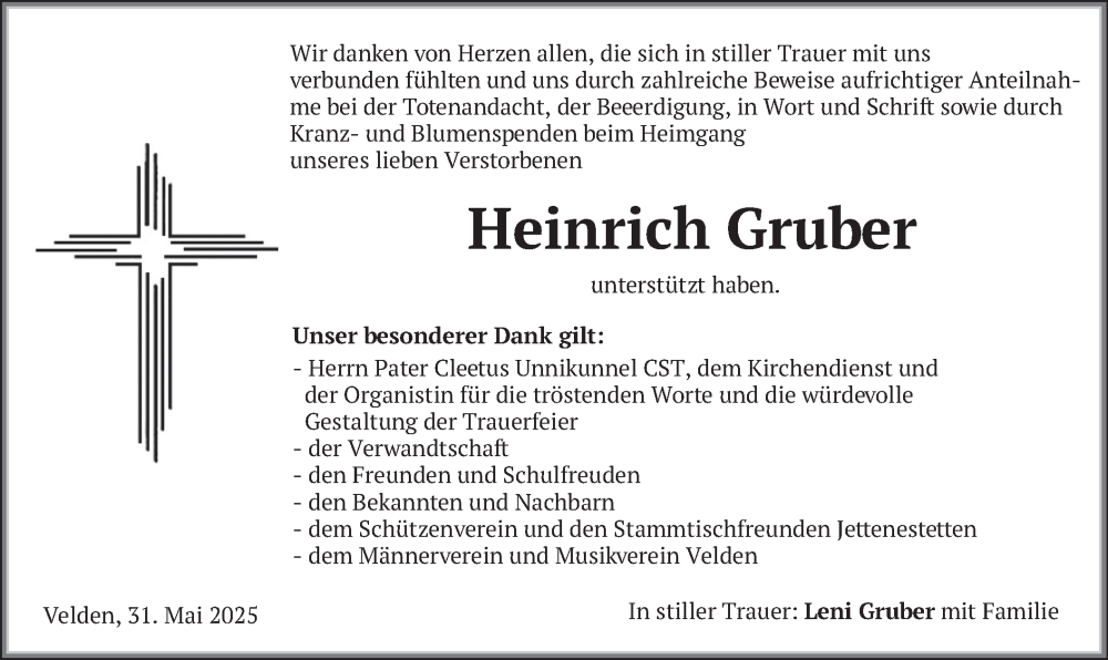  Traueranzeige für Heinrich Gruber vom 31.05.2025 aus merkurtz