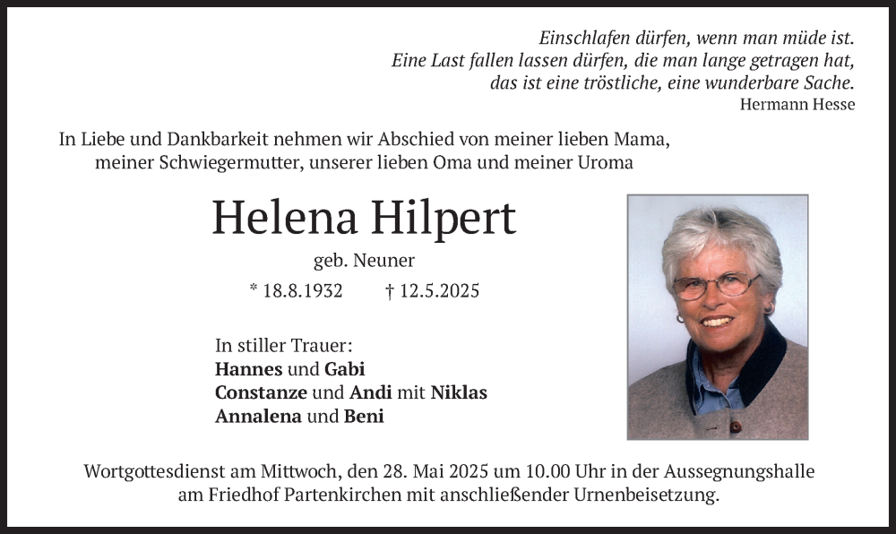  Traueranzeige für Helena Hilpert vom 24.05.2025 aus merkurtz