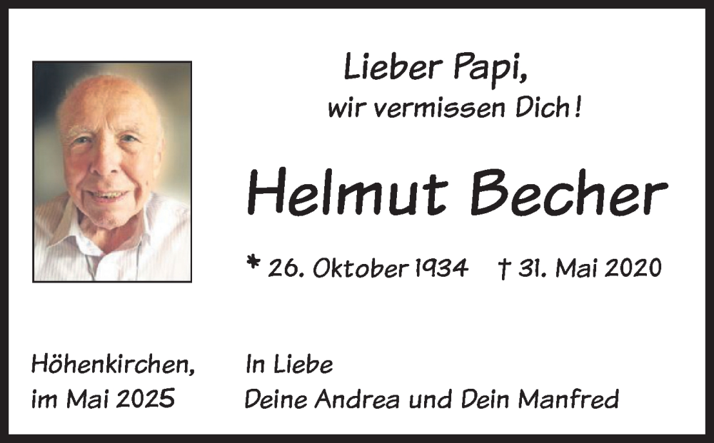  Traueranzeige für Helmut Becher vom 31.05.2025 aus merkurtz