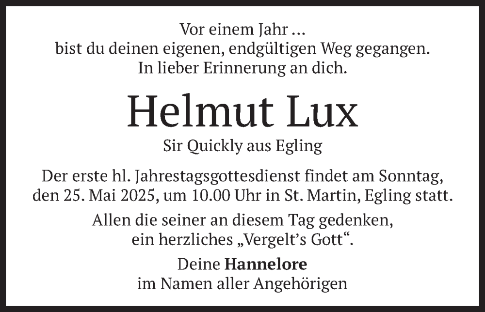  Traueranzeige für Helmut Lux vom 24.05.2025 aus merkurtz