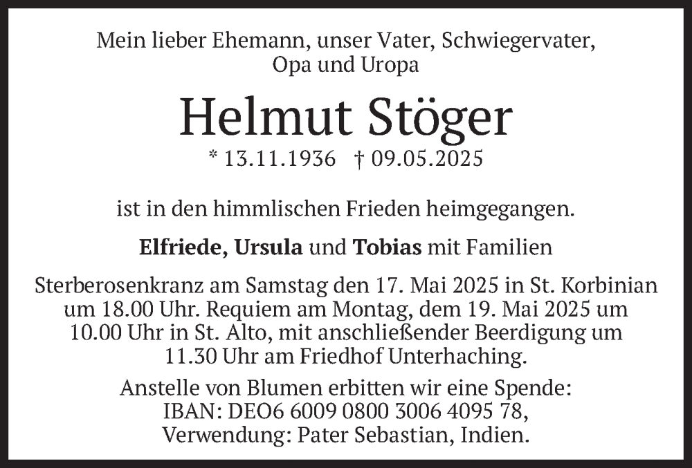  Traueranzeige für Helmut Stöger vom 17.05.2025 aus merkurtz
