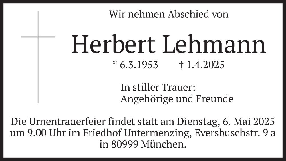  Traueranzeige für Herbert Lehmann vom 03.05.2025 aus merkurtz
