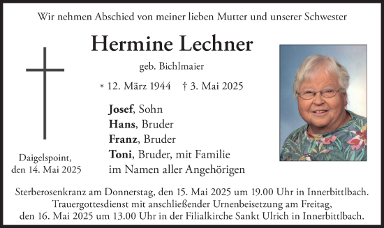 Traueranzeige von Hermine Lechner von merkurtz