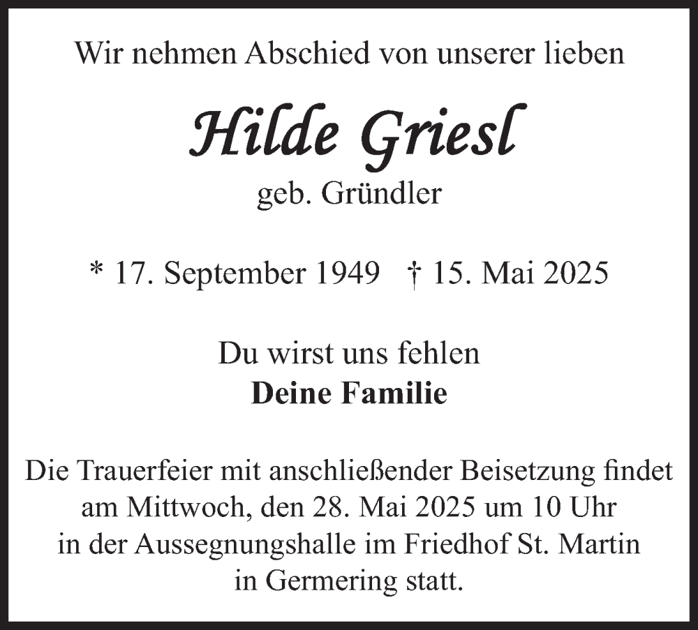  Traueranzeige für Hilde Griesl vom 24.05.2025 aus merkurtz
