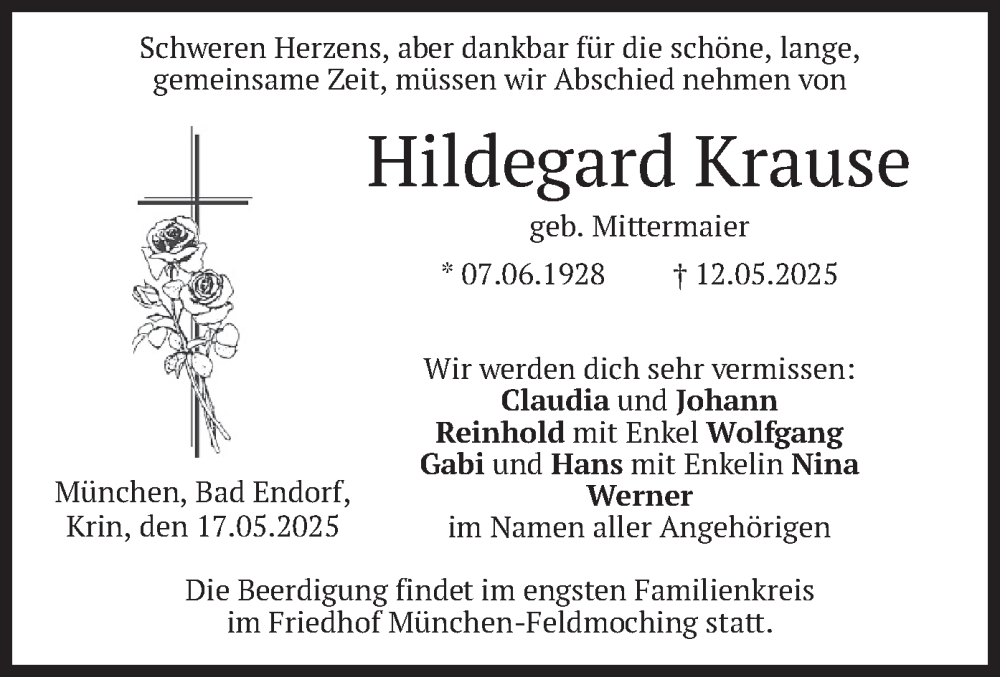  Traueranzeige für Hildegard Krause vom 17.05.2025 aus merkurtz